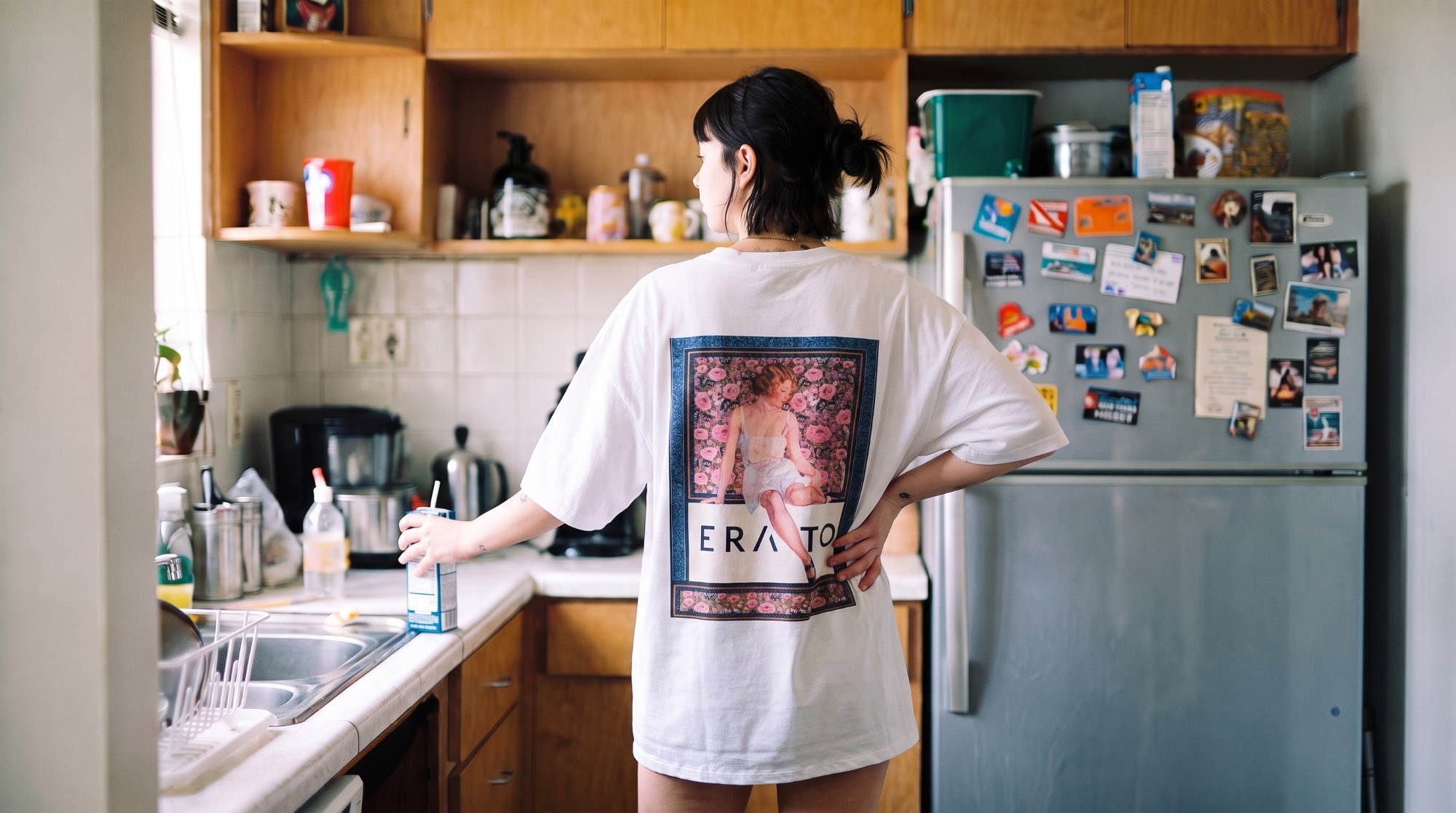 ERATO editorial, floral-print t-shirt in a kitchen
