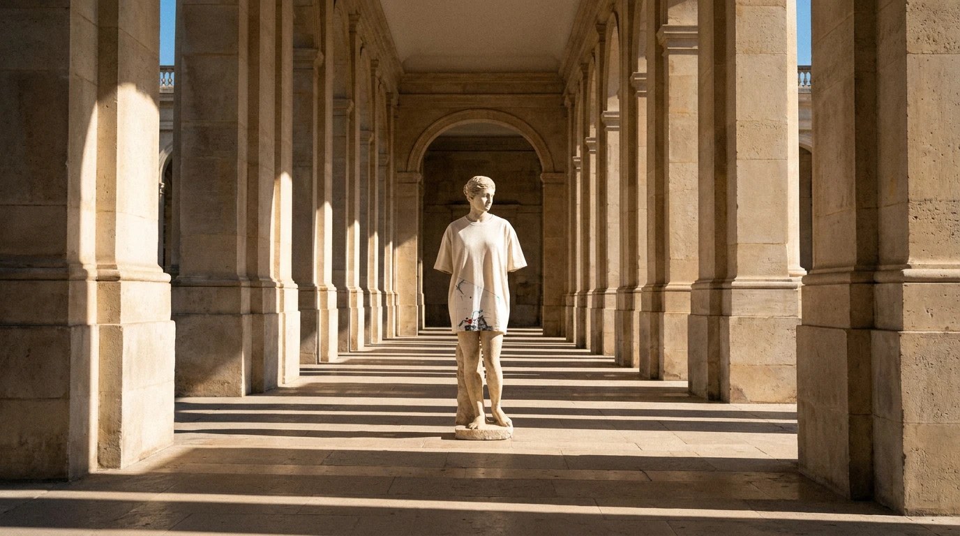 ERATO campaign visual, statue wearing branded t-shirt in a colonnade