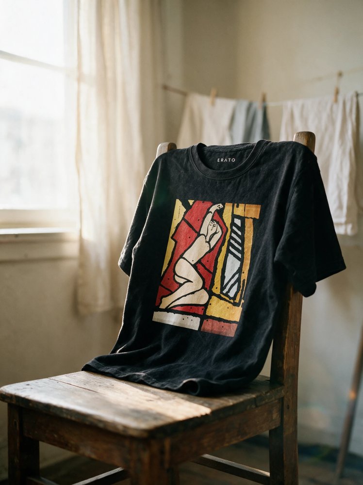 ERATO branded t-shirt, styled on a chair