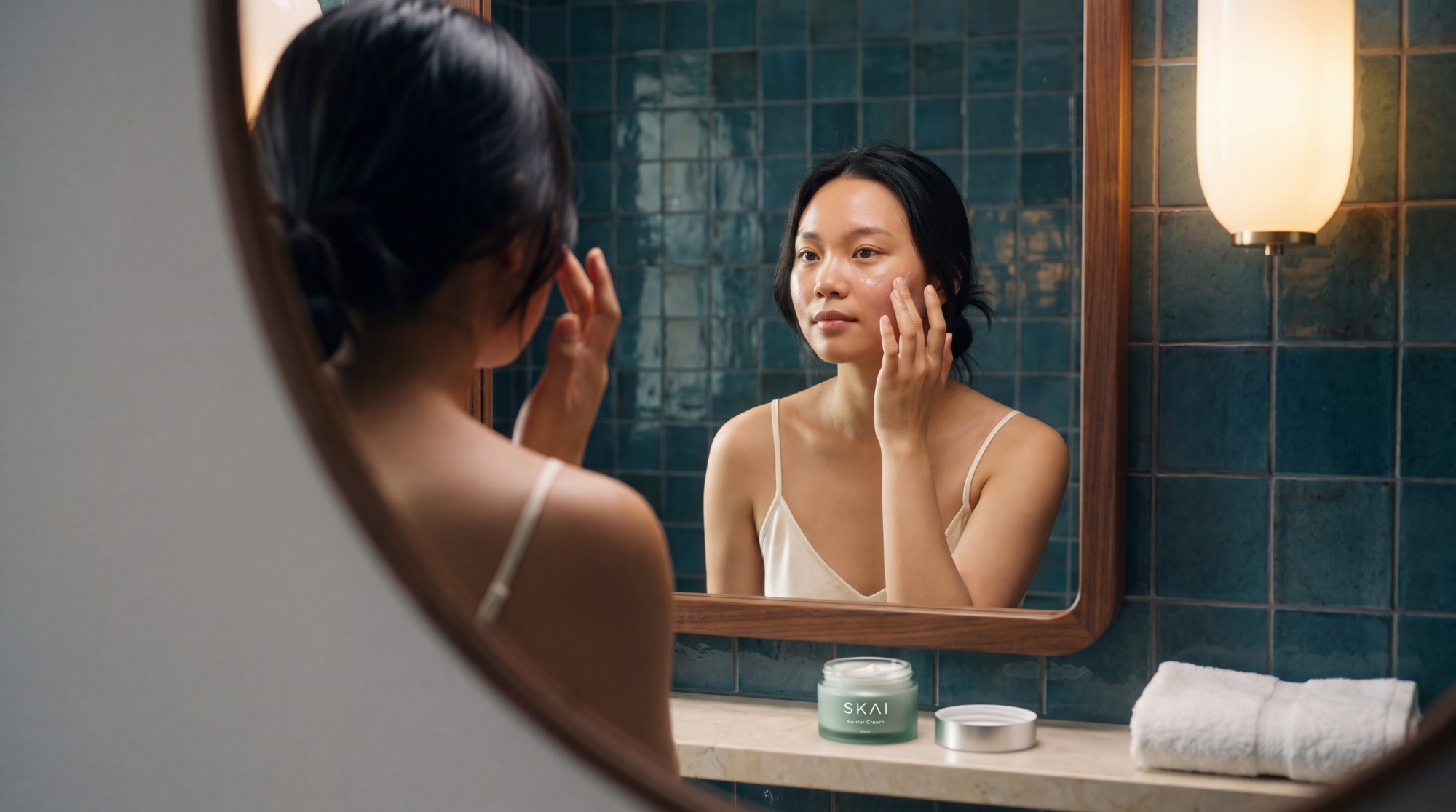 SKAI morning ritual, bathroom mirror campaign still